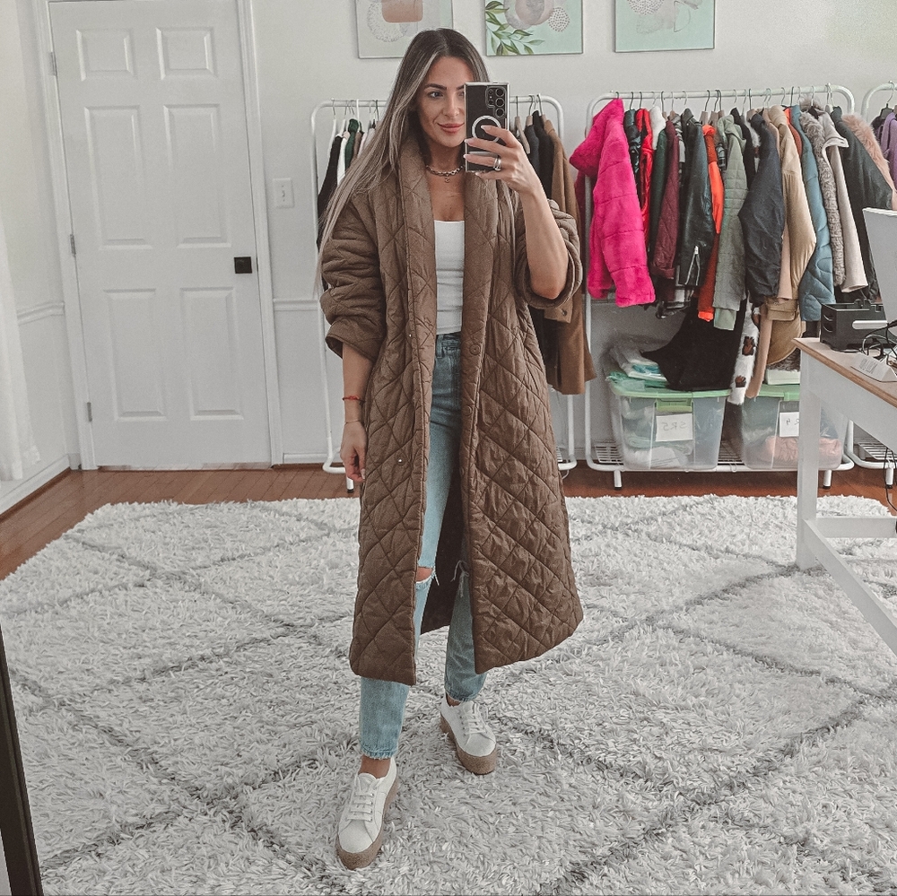 Mango brown quilted belted long coat size M - Picture 5 of 12